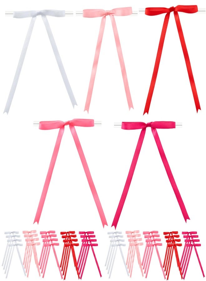 VESFASOV Twist Tie Bows Valentine's Day, 50 Pcs Satin Polyester Bows for Valentines Day Gift Bags Treat Bags Candy Bags, Pink Red Bows Ribbon Bows Pre-Tied Bow for Gift Wrapping Wedding Decoration (5 Colors) - Image 1